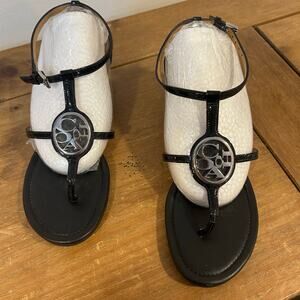 COACH Sz 6 Womens Vipor Veg Leather Sandals Black Wedge Casual Strapy Large Logo